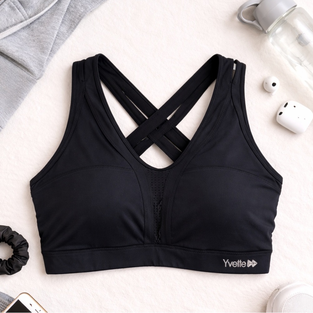 NWOT Yvette Black Sports Bra Criss Cross Back Women’s Size XL